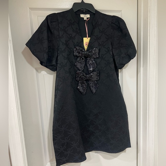 Sold NEW midnight glitz black puff sleeve bow pattern bow sequin jacquard dresss - Picture 3 of 11